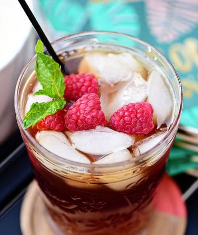 looking down into cocktail in a glass