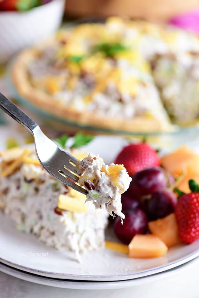 a bite of Pineapple Chicken Salad pie on a fork