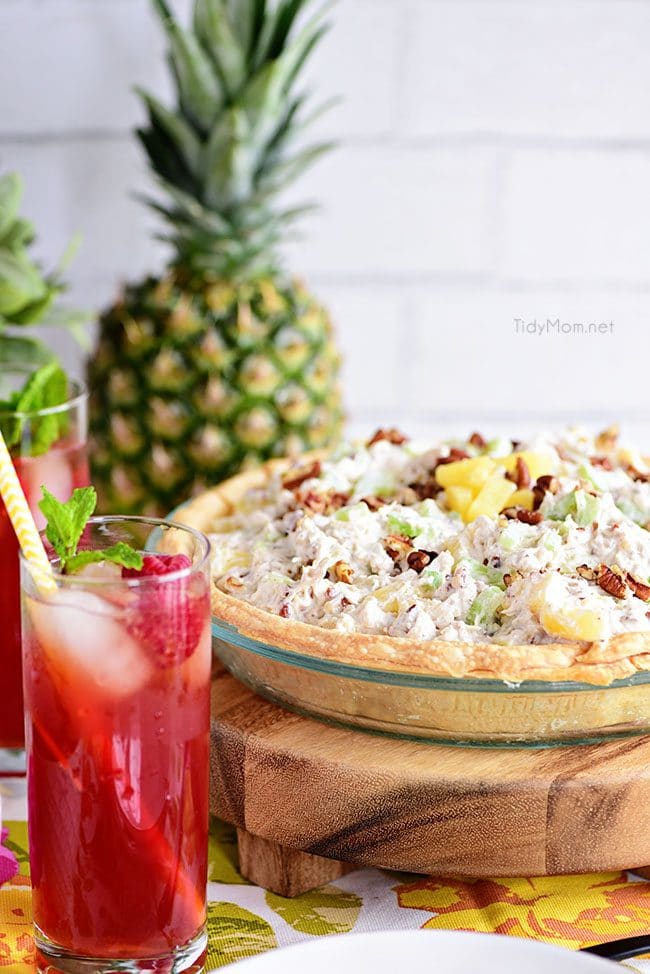 Pineapple Chicken Salad Pie in glass pie plate