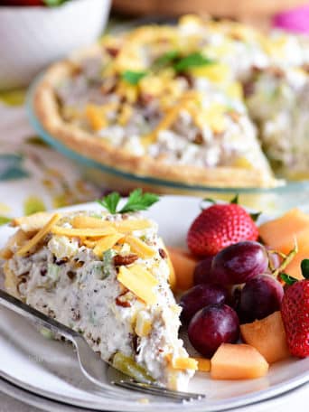 Pineapple Chicken Salad pie on plate with fruit