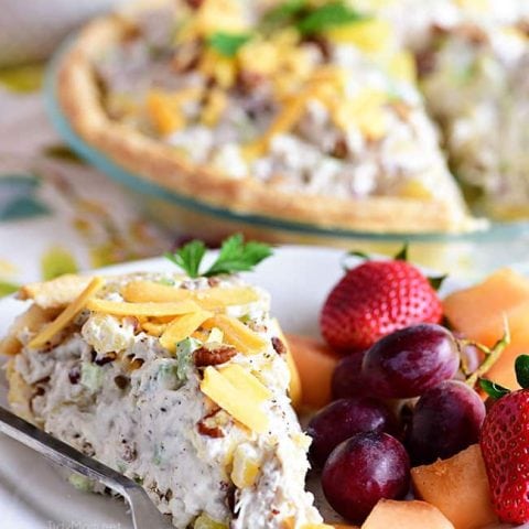 Pineapple Chicken Salad pie on plate with fruit