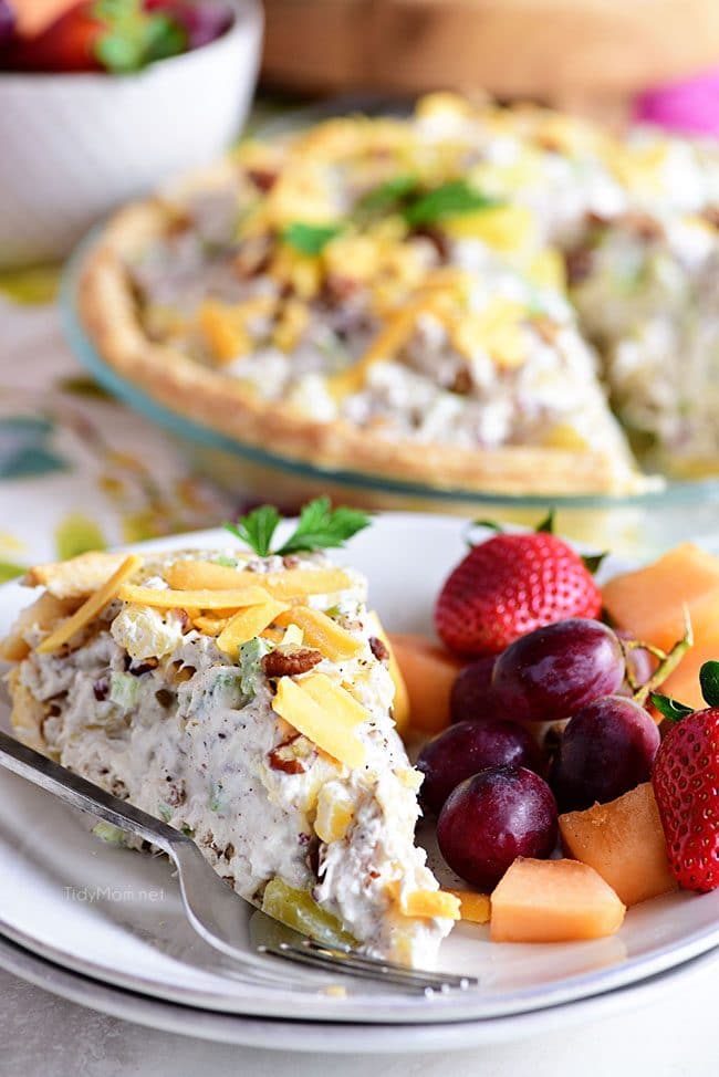 Pineapple Chicken Salad pie on plate with fruit
