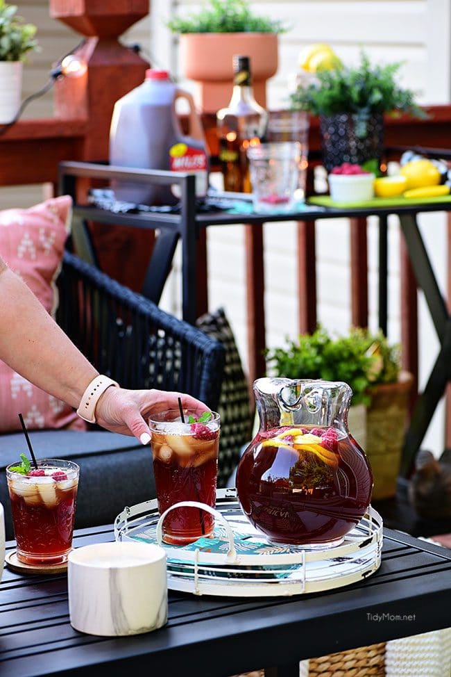 Tray of Raspberry Hard Iced Tea Cocktail outside on back a deck