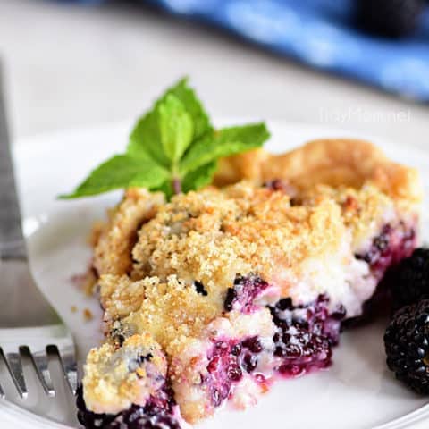 Ready to eat piece of Blackberry Sour Cream Pie with sweet juicy blackberries and a crumble topping and a fork