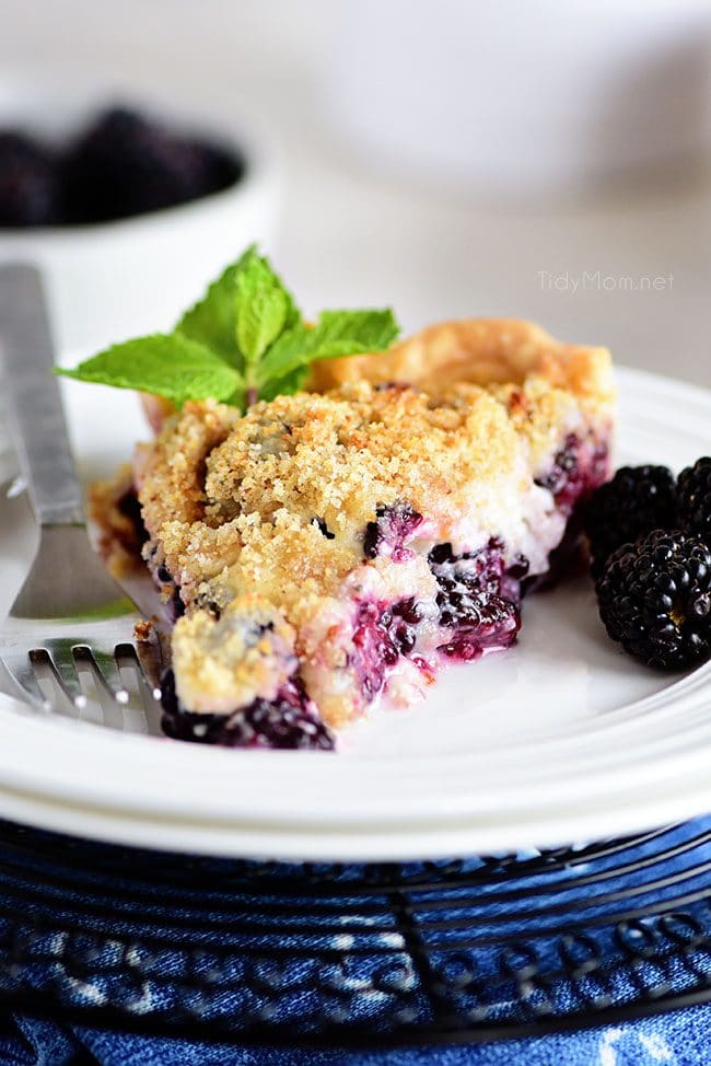 A serving of Blackberry Sour Cream Pie on a plate with a fork