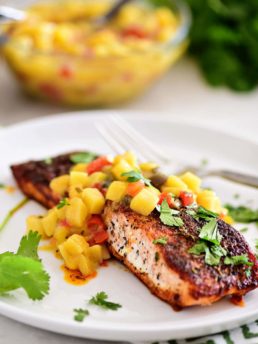 grilled blackened salmon topped with mango salsa