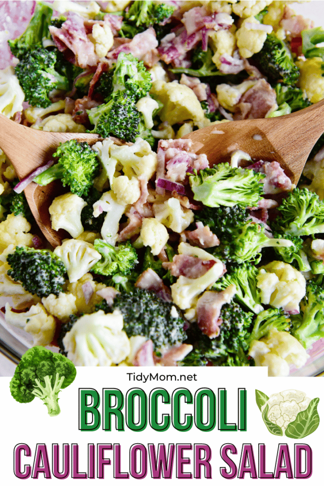 broccoli cauliflower salad close up, with serving spoons.