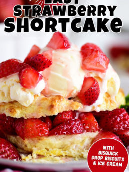 strawberry shortcake topped with vanilla ice cream