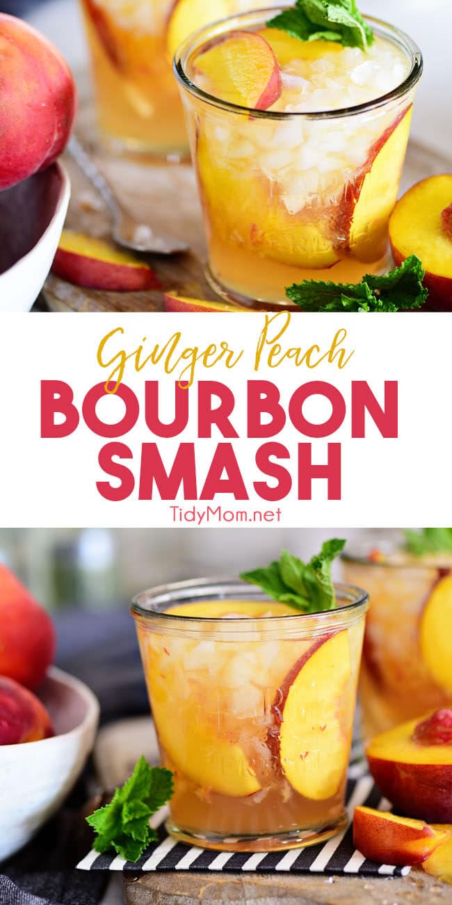 Ginger Peach Bourbon Smash cocktail photo collage