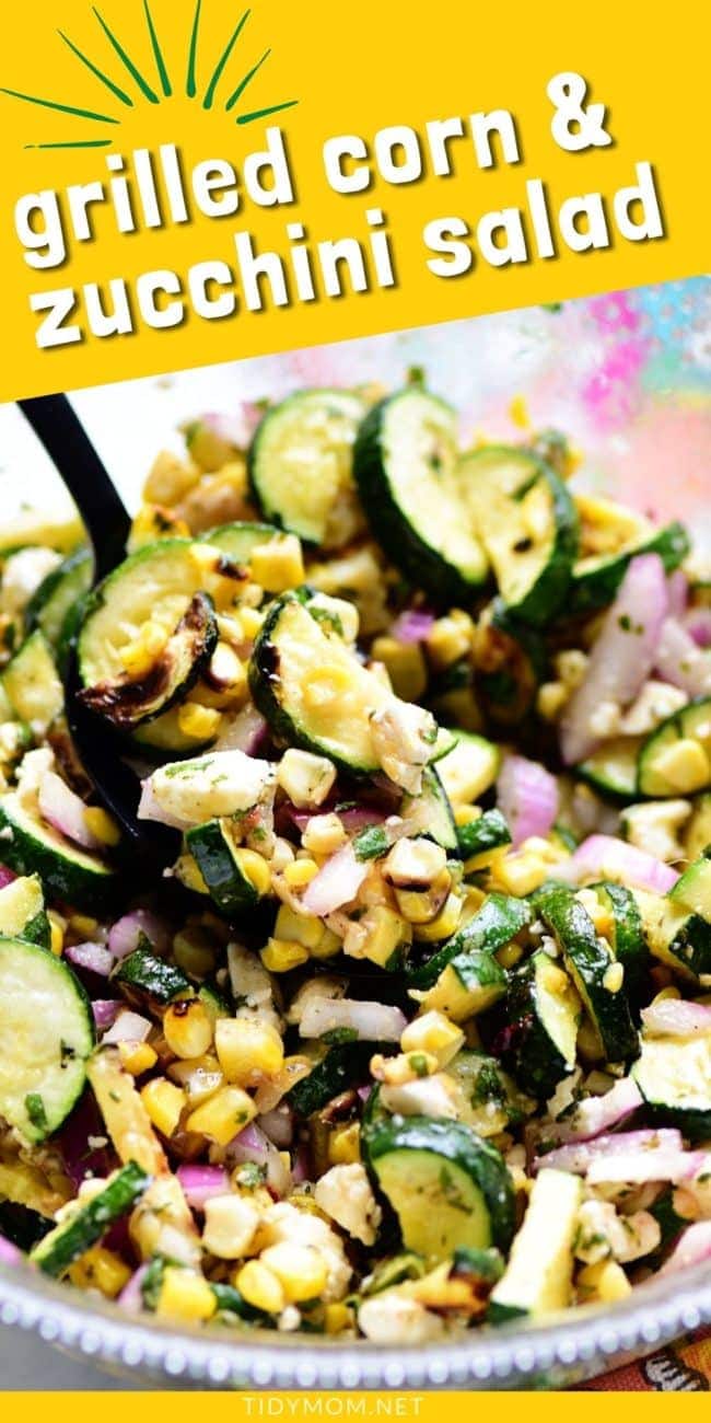 GRILLED CORN AND ZUCCHINI SALAD in a glass bowl