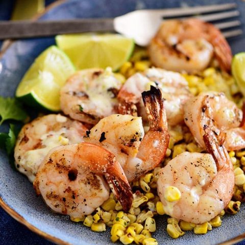Simple Zesty Shrimp Bowl with Roasted Corn and a creamy lime vinaigrette