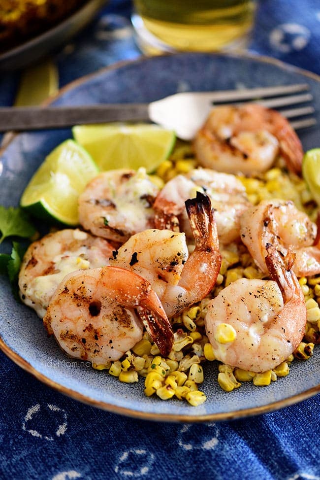 Simple Zesty Shrimp Bowl with Roasted Corn and a creamy lime vinaigrette