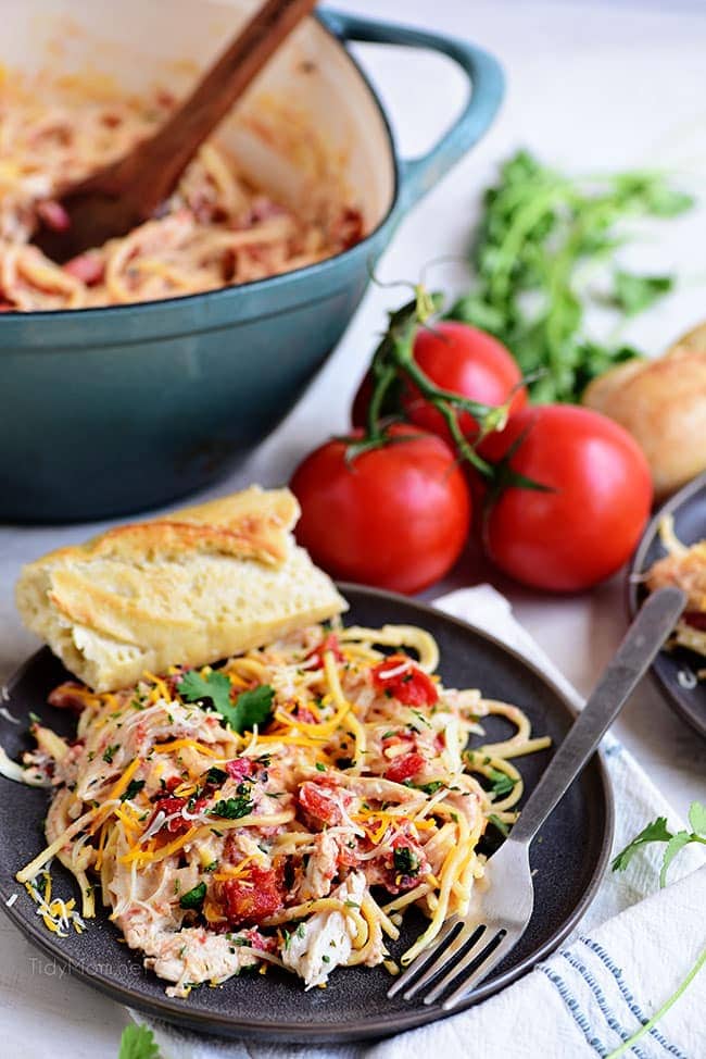image of Cheesy One Pot Chicken Spaghetti recipe by Tidy Mom