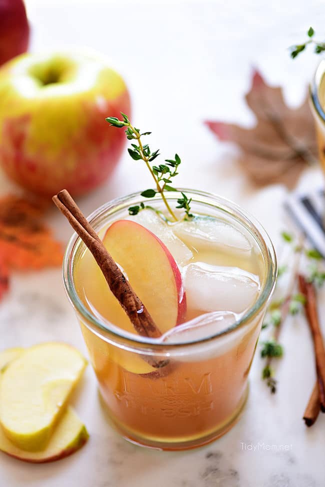 bourbon apple cider cocktail garnished with a cinnamon stick, apple slices and a rosemary sprig