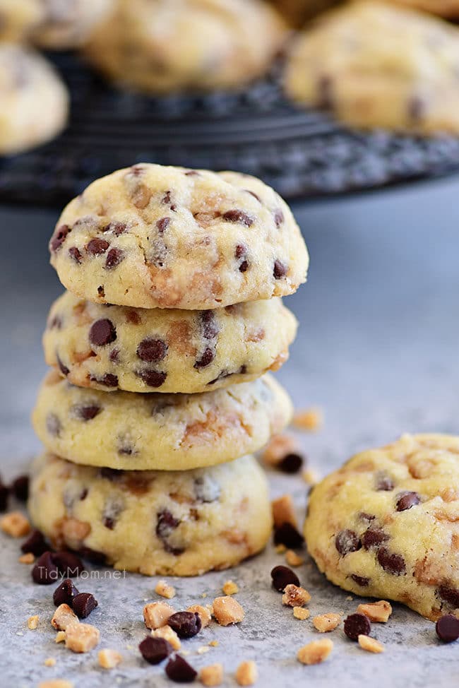stack of Chocolate Chip Shortbread Cookies with toffee bits