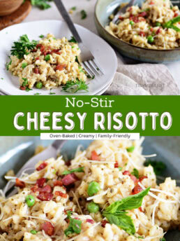 photo collage with risotto plated and close up in a bowl