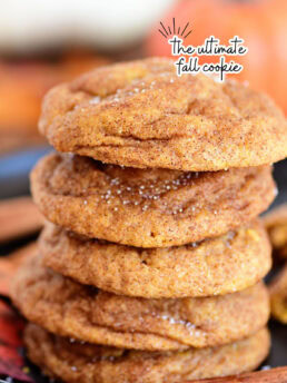 stack of pumpkin snickerdoodles on a plate with a cinnamon stick