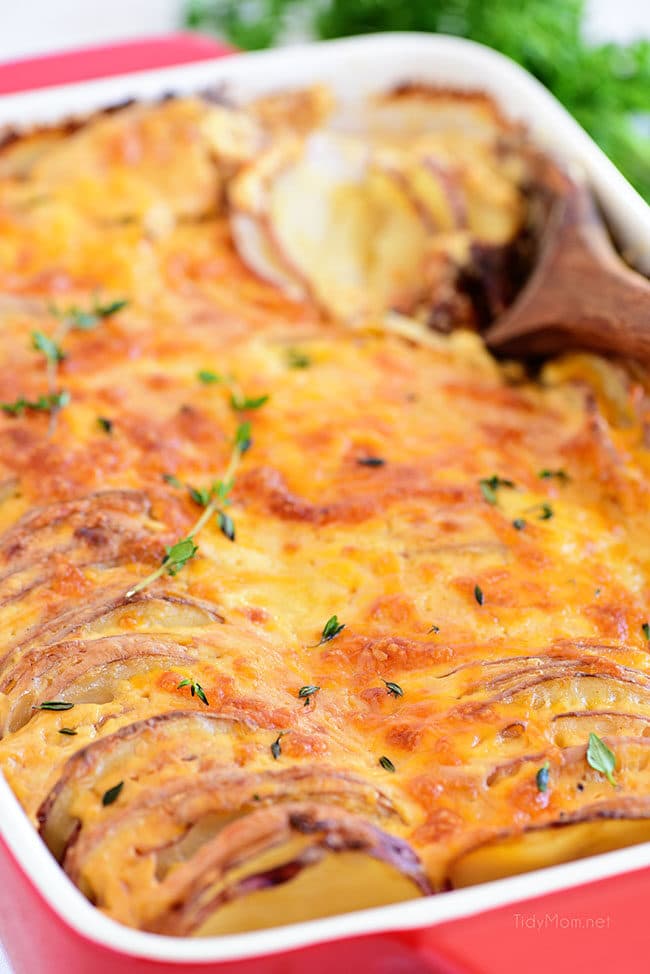 Potatoes au gratin in a red dish with a wooden spoon