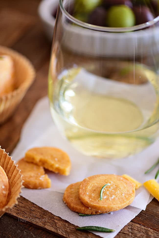 savory shortbread cheese crisps with a glass of wine