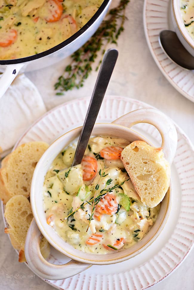 creamy chicken gnocchi soup in a white bowl with a spoon