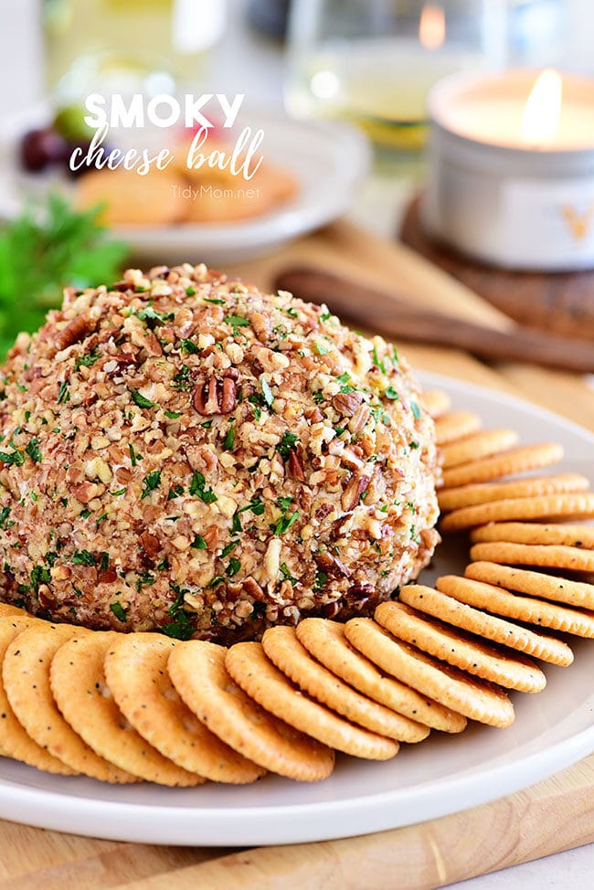 easy cheese ball on plate with crackers
