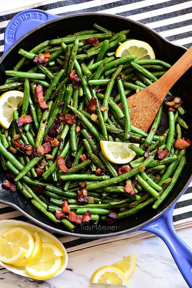 Sautéed Green Beans with bacon in a blue skillet