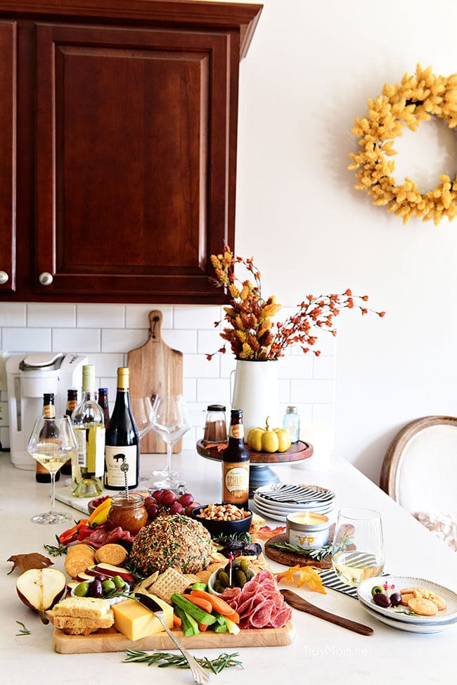 Fall Charcuterie Board in white kitchen with wine