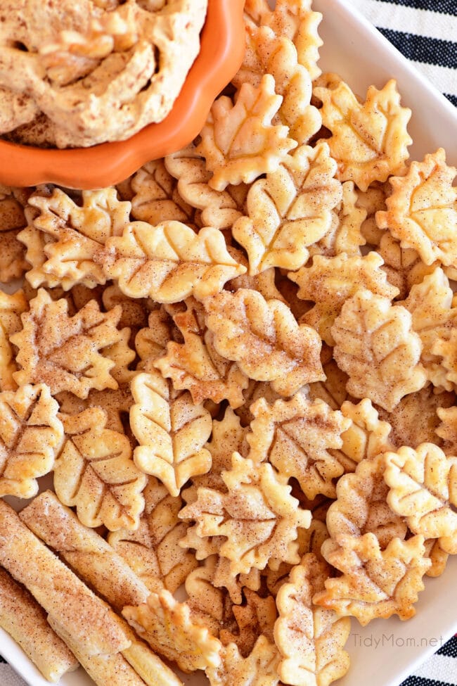 pie crust cookies on platter with pumpkin fluff dip