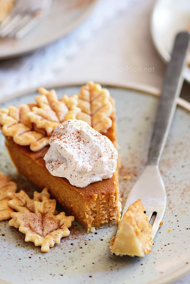 pumpkin pie with a bit take out on fork