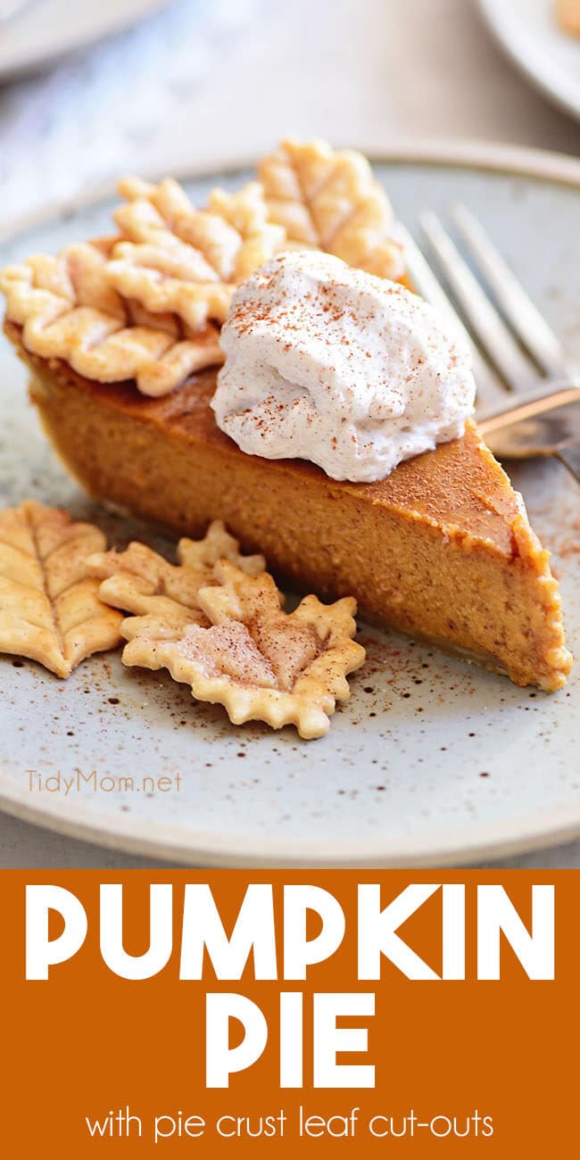 pumpkin pie with leaf cut-outs and cinnamon whipped cream