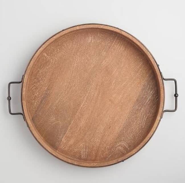 Round Rustic Wood Tray with Iron Handles