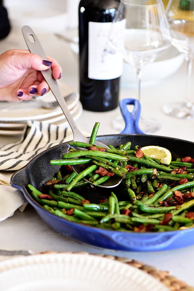 Sautéed Green Beans with bacon in a skillet