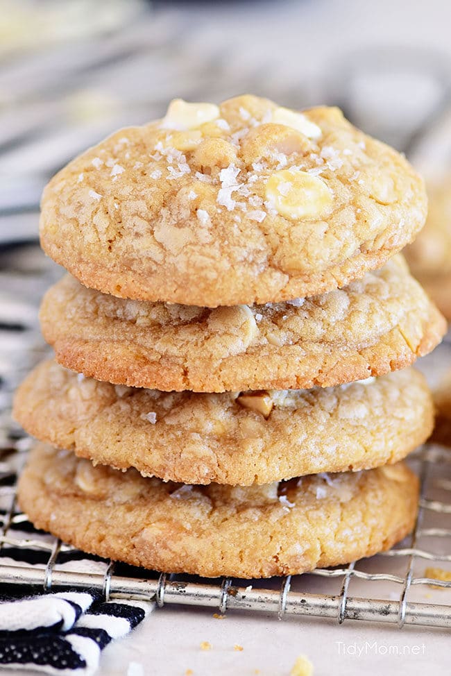 a stack of White Chocolate Macadamia Nut Cookies