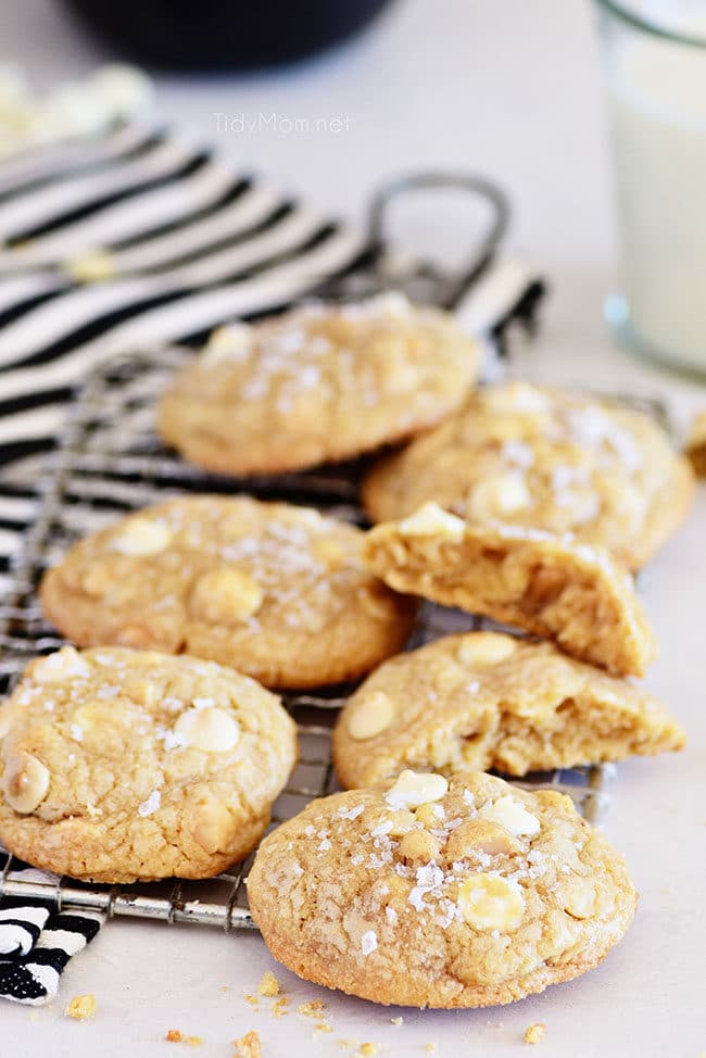 White Chocolate Macadamia Nut Cookies with a glass of milk