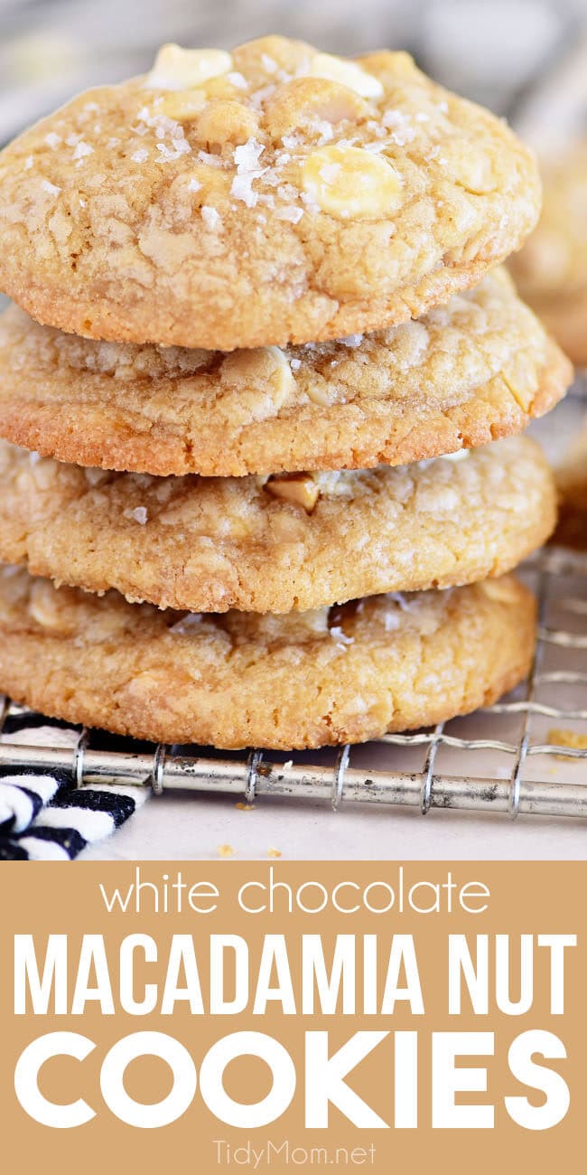 a stack of four White Chocolate Macadamia Nut Cookies