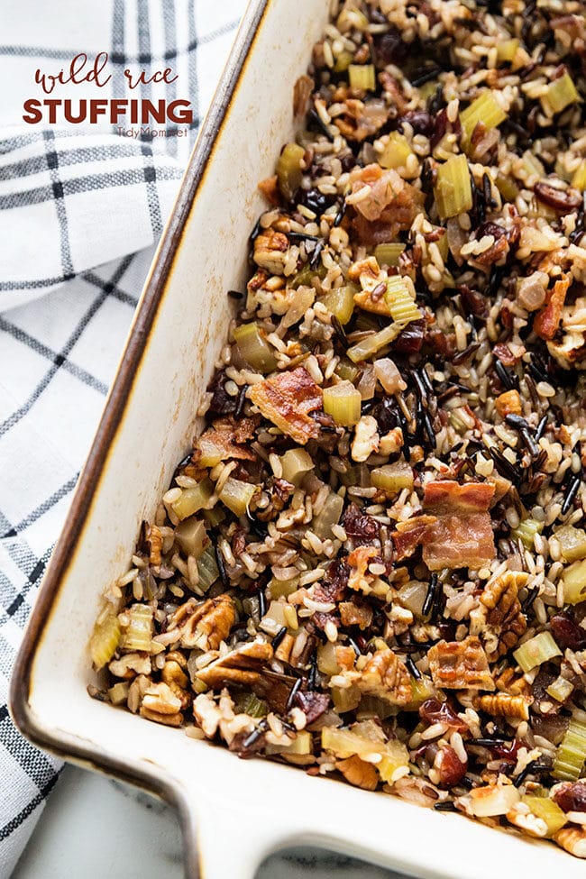 wild rice stuffing in baking dish