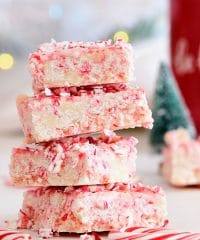 Four pieces of Peppermint Fudge stacked