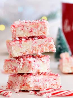 Four pieces of Peppermint Fudge stacked