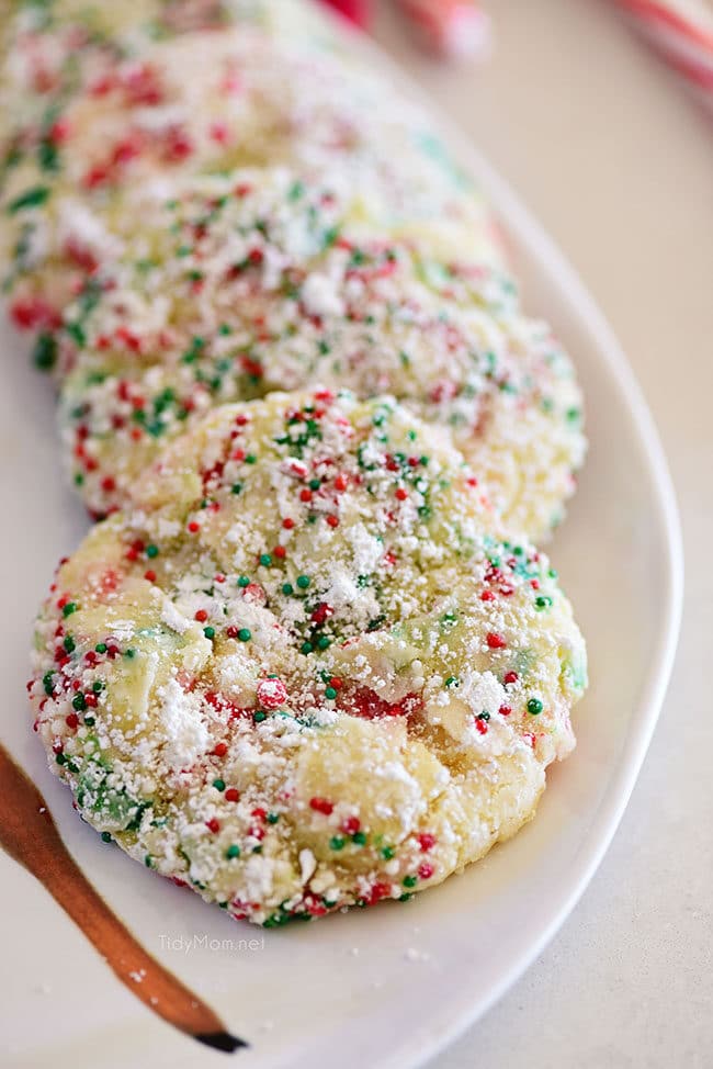 gooey butter cookies with red and green sprinkles