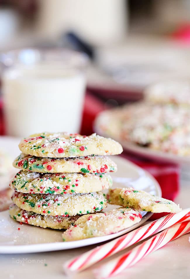 a stack of gooey butter cookies with Christmas sprinkles