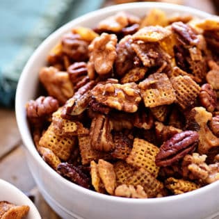 Spiced chex mix in a bowl