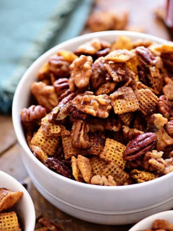 Spiced chex mix in a bowl