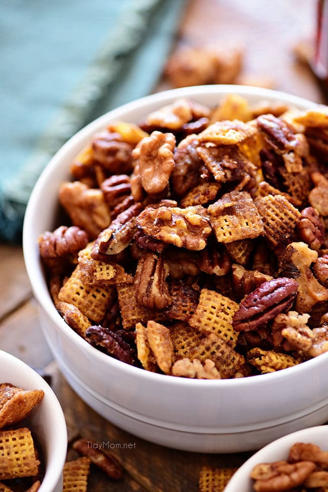 Spiced chex mix in a bowl