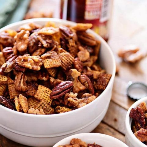 crock pot chex nut mix in a bowl