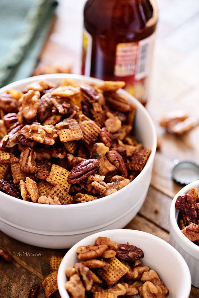 crock pot chex nut mix in a bowl