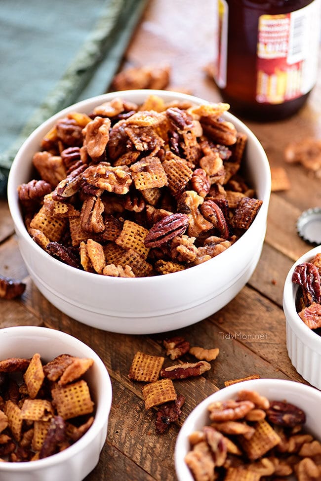 crock pot chex mix in a white bowl