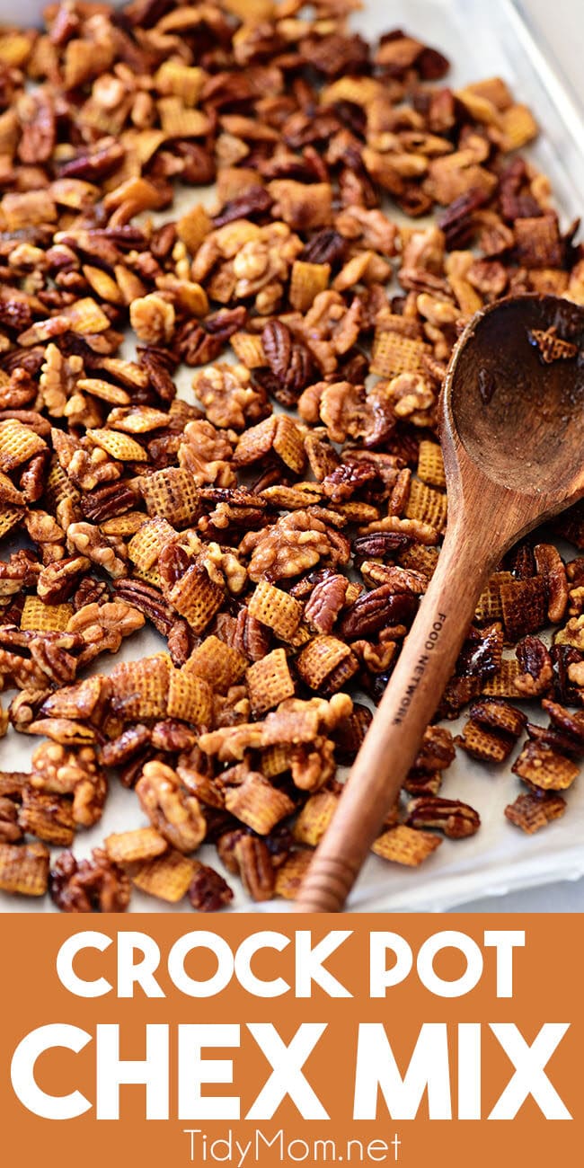 crock pot chex nut mix on a pan