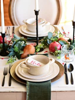 White and green Christmas table place settings