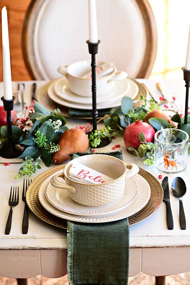 White and green Christmas table place settings