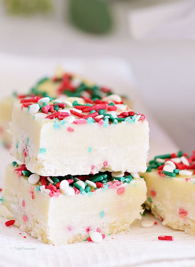 Two pieces of White Chocolate Christmas Fudge